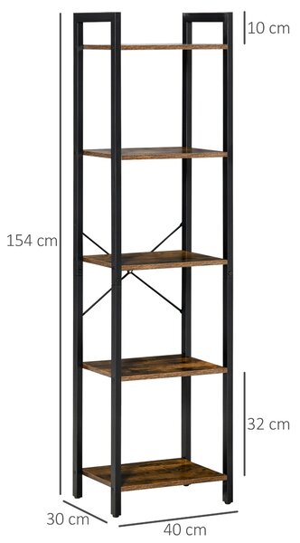 Bibliotecă Stil Industrial HOMCOM cu 5 Rafturi, Mobilier din Lemn și Oțel, Ideal pentru Casă, Birou și Studio, Design Rustic, Maro | Aosom Romania