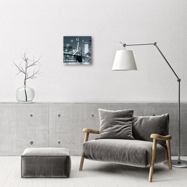 Ceas de perete din sticla pătrat Skyline Bridge City Black & White