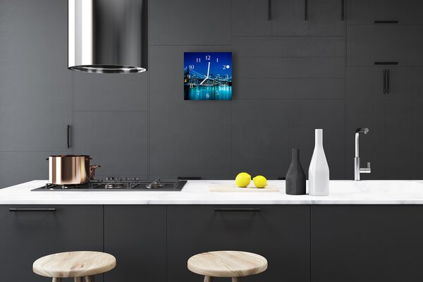 Ceas de perete din sticla pătrat Skyline de noapte Oraș Albastru
