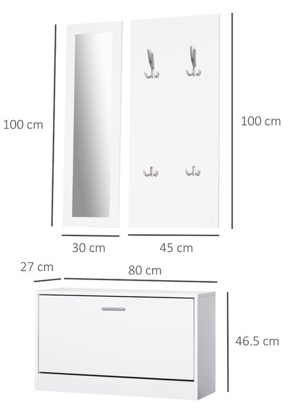 HOMCOM Set 3 Piese Suport pantofi Suport haine Oglinda pentru Hol sau Dormitor, din Lemn, 80x27x46,5cm, Alb | Aosom Romania