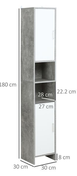 Dulap Baie Kleankin pentru Economisire Spațiu, cu 2 Uși din PAL, Efect Ciment, Gri-Alb, Dimensiuni 30x30x180cm, Ideal pentru Organizare | Aosom Romania