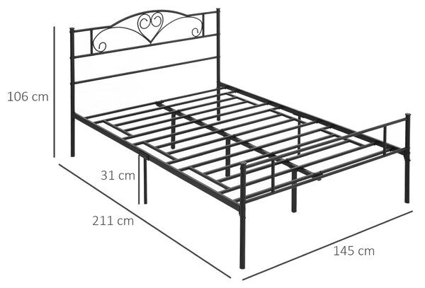HOMCOM Cadru Pat de o Persoana, mai mare din Otel 140x200cm, Sipci Integrate si Tablie cap, Spatiu Inferior pentru Cutii, Negru | Aosom Romania