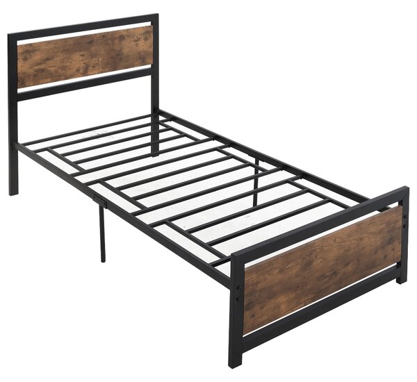 Cadru de Pat de o Persoana HOMCOM din Lemn si Otel 90x200cm, Sipci Integrate, Tablie de Cap si Tablie Picioare in Stil Industrial | Aosom Romania
