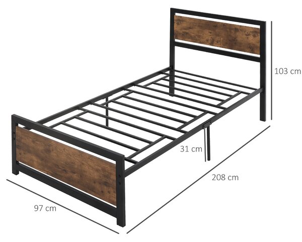Cadru de Pat de o Persoana HOMCOM din Lemn si Otel 90x200cm, Sipci Integrate, Tablie de Cap si Tablie Picioare in Stil Industrial | Aosom Romania