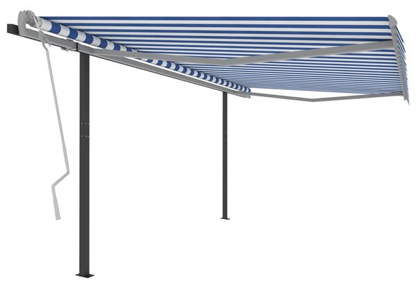 Copertină retractabilă automat, cu stâlpi, albastru/alb 4,5x3 m