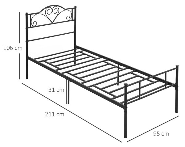 Structura Pat HOMCOM, 1 loc din Otel 900x200cm, Sipci Integrate, Tetiera si Tablie, Negru | Aosom Romania