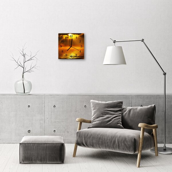 Ceas de perete din sticla pătrat Sunset Natura Orange