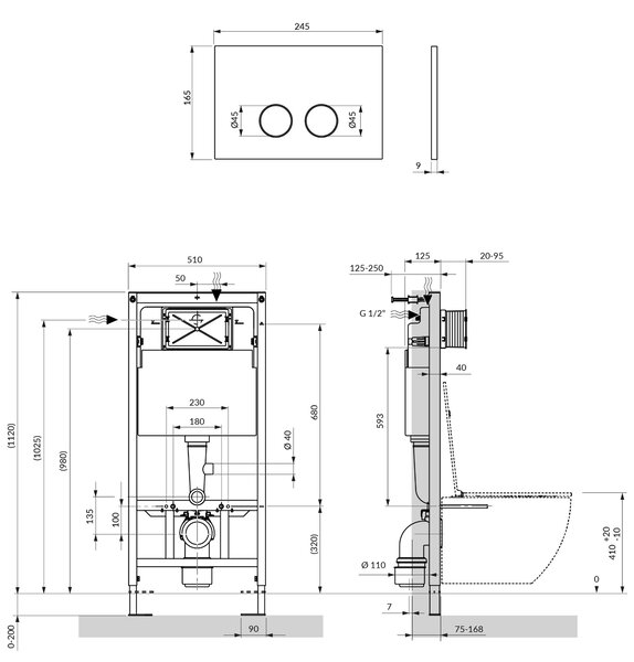 Omnires Eco Flush Set cadru ascuns cu buton de acționare pentru vas wc suspendat STFWCECO1R45-RGR