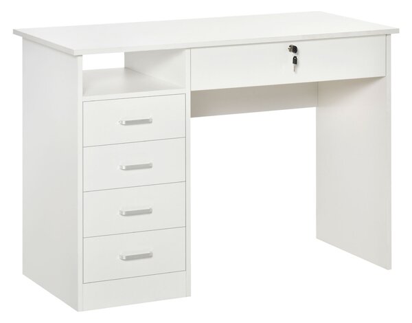 HOMCOM Masa de Birou din Lemn cu Compartiment Deschis, 5 Sertare și Decupaj pentru Cabluri, 110x50x76cm, Alb | Aosom Romania