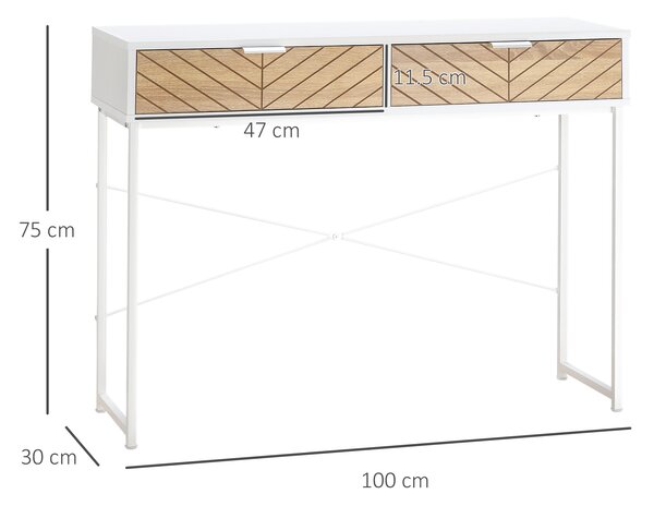 Consola Moderna HOMCOM cu 2 Sertare, Masa pentru Hol Metalica cu Structura Incrucisata, Masuta pentru Sufragerie, Alba | Aosom Romania