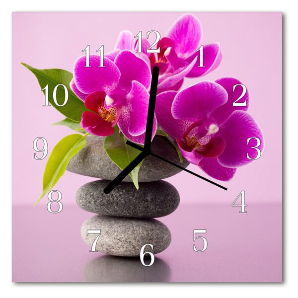Ceas de perete din sticla pătrat Orhideea flori roz