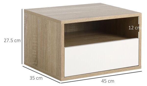 HOMCOM Set de 2 Noptiere Suspendate din Lemn, Design Modern cu Sertar și Raft, Alb și Lemn, 45x35x27.5cm | Aosom Romania