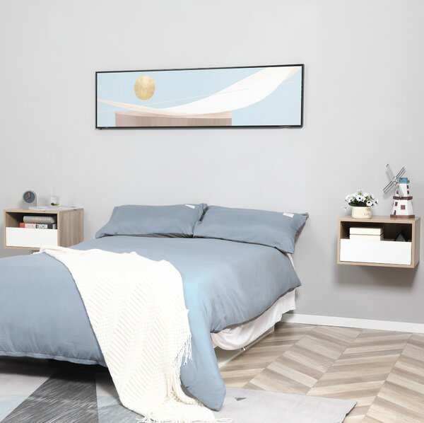 HOMCOM Set de 2 Noptiere Suspendate din Lemn, Design Modern cu Sertar și Raft, Alb și Lemn, 45x35x27.5cm | Aosom Romania