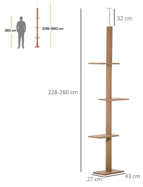 PawHut Coloană de Zgâriat Reglabilă pe 4 Nivele, Tapițată, 43x27x228-260cm, Gri | Aosom Romania