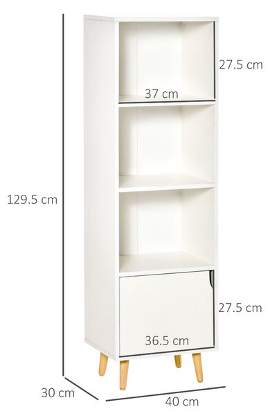 Dulapior Biblioteca din Lemn HOMCOM, Raft Biblioteca cu 3 Etajere si 1 Dulapior din Lemn, 40x30x129,5cm, Alb | Aosom Romania