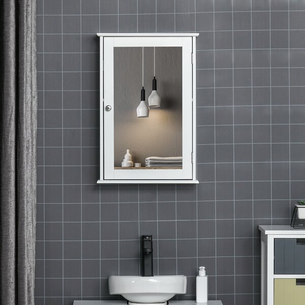 Kleankin Dulapior Suspendat cu Oglindă pentru Baie, Design Modern, Inchidere Magnetica, 41x14x60cm, Alb, din Lemn | Aosom Romania