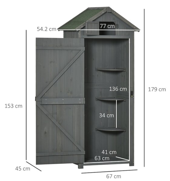 Outsunny Căsuță de Grădină din Lemn pentru Depozitare Scule, Impermeabilă cu 3 Rafturi Detașabile, 77x54.2x179 cm, Gri | Aosom Romania