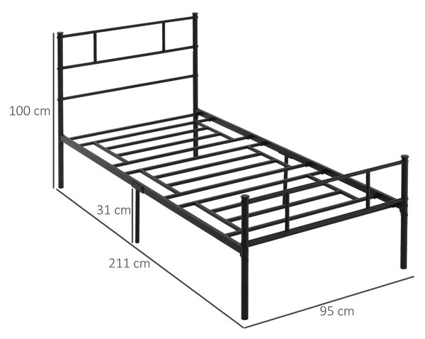 Cadru de Pat de o Persoana HOMCOM 90x200cm din Otel, Sipci Integrate, Negru | Aosom Romania