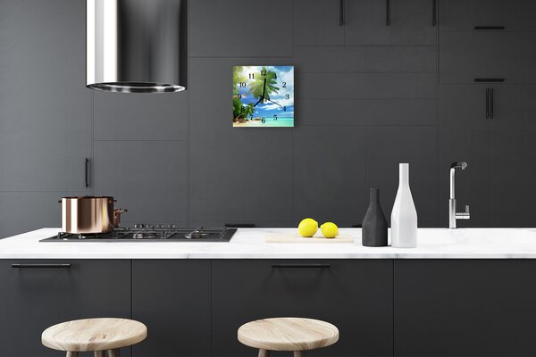 Ceas de perete din sticla pătrat Palm Copaci Island Plante Peisaj multi-colorat