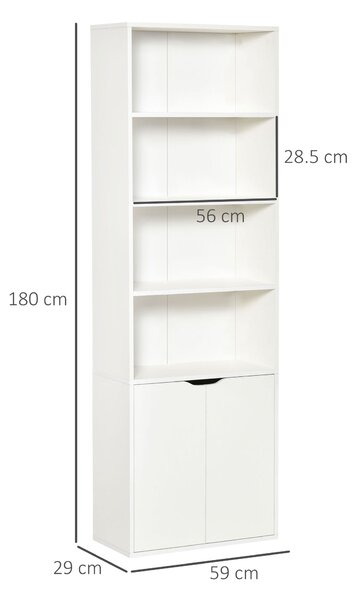 Biblioteca Moderna HOMCOM 4 Etajere cu Dulapior din Lemn cu 2 Usi, Mobilier Multifunctional pentru Living si Birou 59x29x180cm, Alba | Aosom Romania
