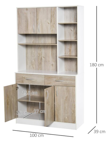 HOMCOM Bufet de Bucătărie Spațios, Dulap cu Sertare și Uși, Design Modern, 100x39x180 cm, Alb și Lemn Natural | Aosom Romania