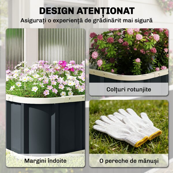 Outsunny Pat Ridicat de Grădină pentru Exterior cu Bază Deschisă, Mănuși, Margini Pliate, Ghiveci în Oțel Galvanizat pentru Plante, Flori, Legume Balcon Grădină, 136x52x31 cm, Gri Închis | Aosom Romania