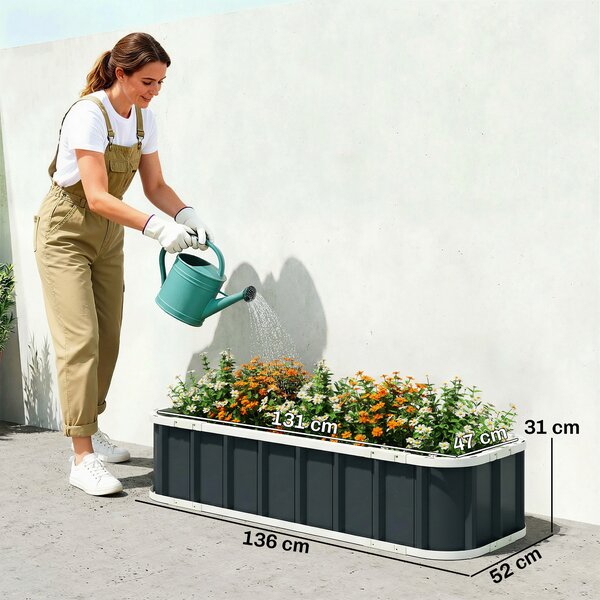 Outsunny Pat Ridicat de Grădină pentru Exterior cu Bază Deschisă, Mănuși, Margini Pliate, Ghiveci în Oțel Galvanizat pentru Plante, Flori, Legume Balcon Grădină, 136x52x31 cm, Gri Închis | Aosom Romania