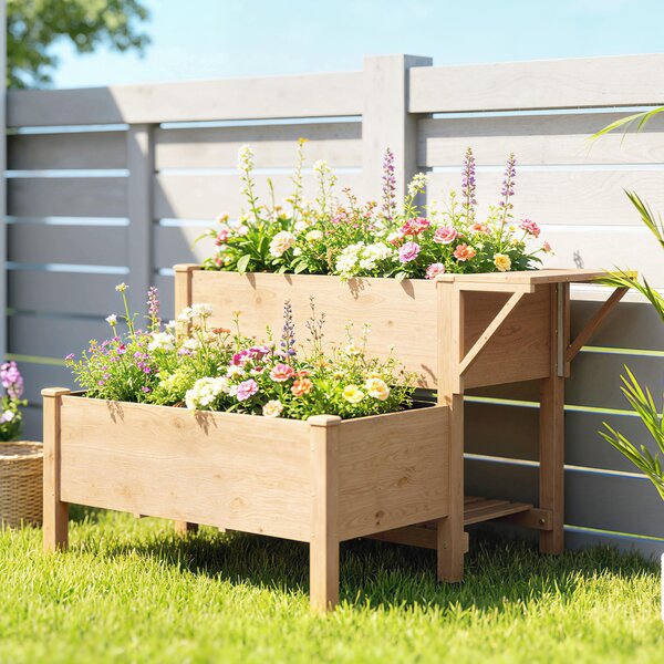 Outsunny Jardinieră Înălțată pe 2 Niveluri cu Rafturi Laterale și Inferior, Fabricată din Lemn de Brad cu Căptușeală și Orificii de Drenare, pentru Flori și Legume, 119,5x102x76,5cm, Maro Deschis | Aosom Romania