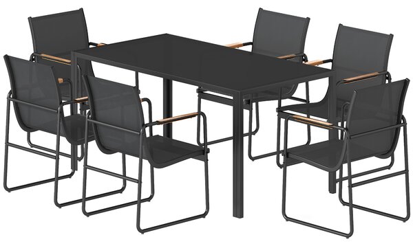 Outsunny Set Masă și Scaune de Grădină 7 Piese, Set Prânz Exterior cu Masă din Sticlă Temperată, 6 Scaune din Texteline Respirabil, Cotiere Decorative, Structură din Oțel pentru Terasă Balcon, Negru | Aosom Romania