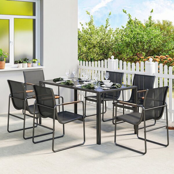 Outsunny Set Masă și Scaune de Grădină 7 Piese, Set Prânz Exterior cu Masă din Sticlă Temperată, 6 Scaune din Texteline Respirabil, Cotiere Decorative, Structură din Oțel pentru Terasă Balcon, Negru | Aosom Romania