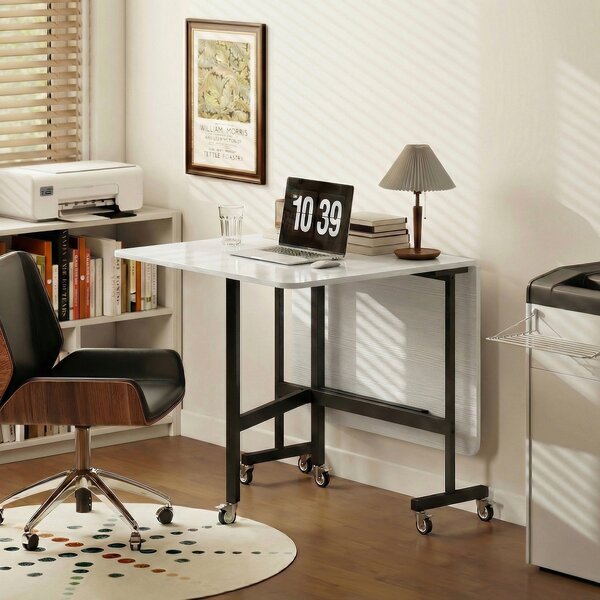 HOMCOM Masă de Dining Pliabilă, Masă Rabatabilă cu Roți și Frâne pentru 4-6 Persoane, Birou Compact cu Structură din Oțel, pentru Living, 120x80x73 cm, Alb cu Aspect de Lemn | Aosom Romania