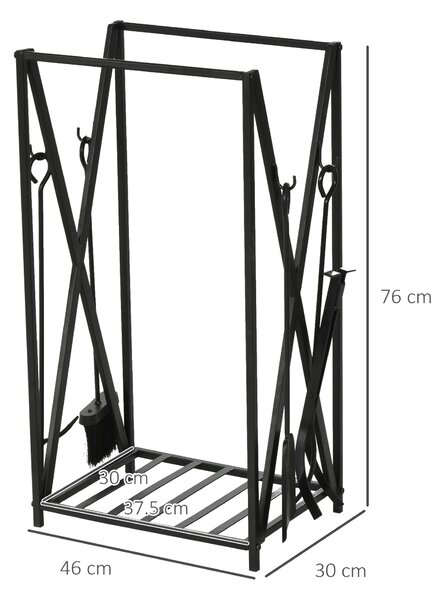 HOMCOM Suport pentru Lemne de Foc din Oțel, Suport pentru Lemne pentru Șemineu cu Vatrai, Perie și Clește, 46x30x76 cm, Negru | Aosom Romania