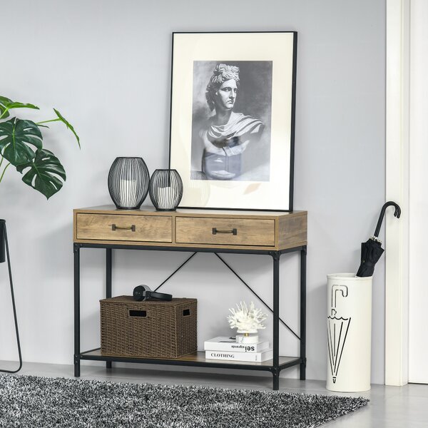 Masă Consolă Vintage HOMCOM din Metal și Lemn, Design Elegant cu 2 Sertare și Raft, Maro, pentru Living, Sufragerie | Aosom Romania