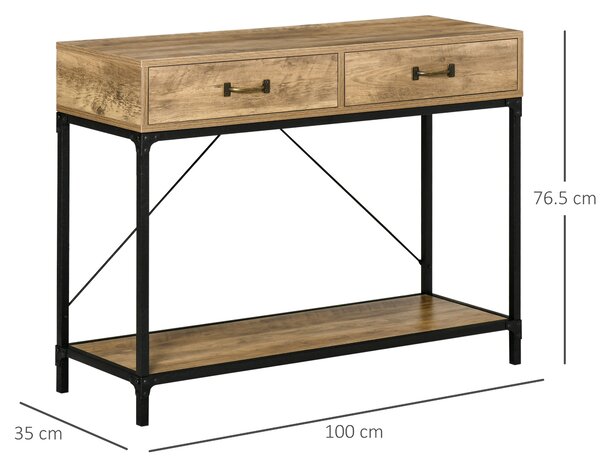 Masă Consolă Vintage HOMCOM din Metal și Lemn, Design Elegant cu 2 Sertare și Raft, Maro, pentru Living, Sufragerie | Aosom Romania