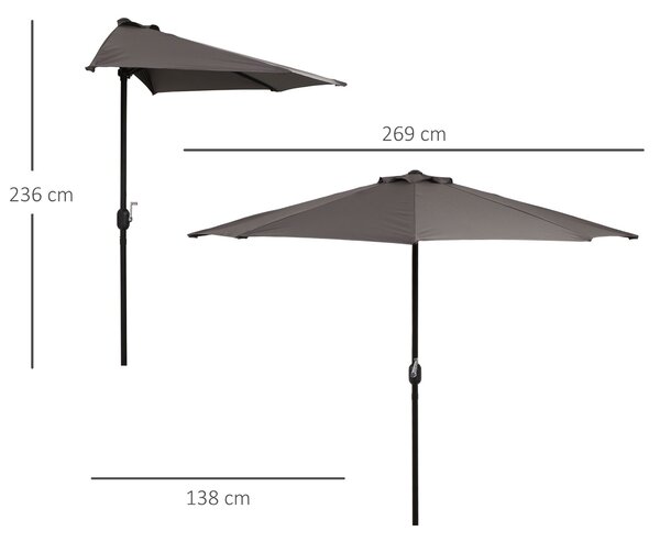 Outsunny Umbrelă Semicirculară Perete Grădină Deschidere Manivela Poliester Gri 269x138x236cm | Aosom Romania