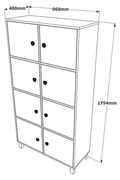 Dulap MN06-BA, nuc/gri, PAL melaminat/metal, cu 8 usi, 96x40x179 cm