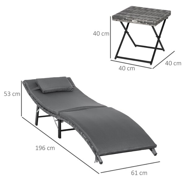 Outsunny Set de 2 Șezlonguri Pliabile din Ratan Gri cu Perne Detașabile Lavabile și Masă Pliabilă pentru Grădină | Aosom Romania