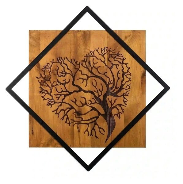 Decoratiune perete TREE 2, nuc/negru, lemn/metal, 54x54 cm
