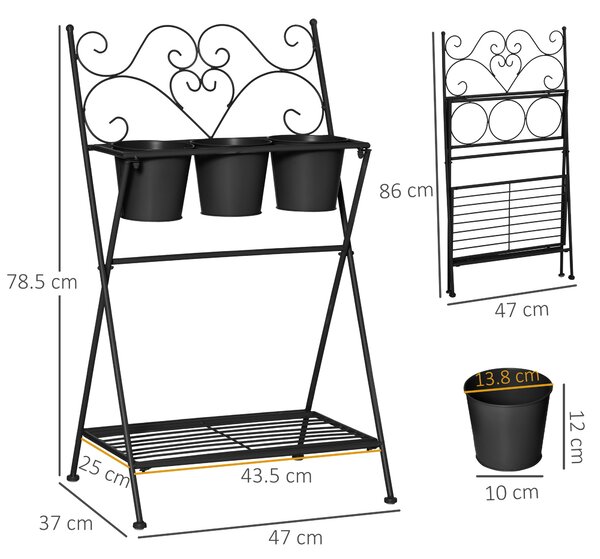 Outsunny Suport Metalic Pliabil pentru Plante, 3 Ghivece Incluse, Design Compact, 47x37x78.5 cm, Negru | Aosom Romania