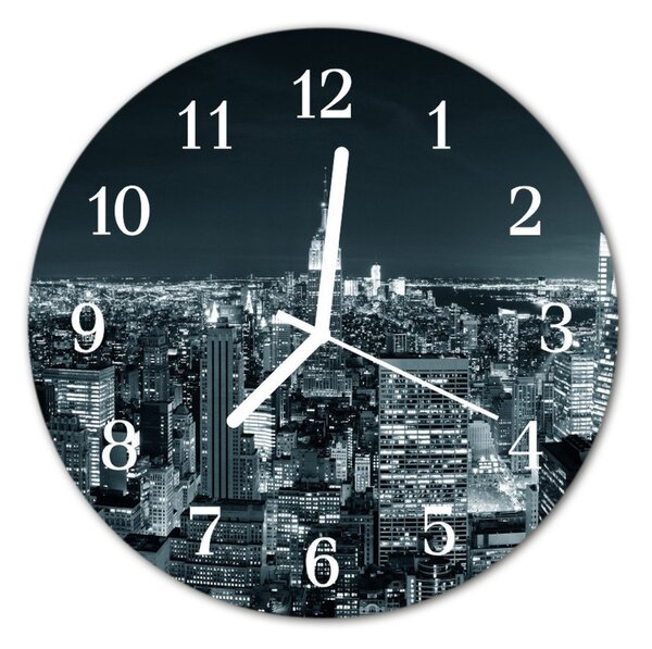 Ceas de perete din sticla rotund Skyline de noapte Oraș Black & White