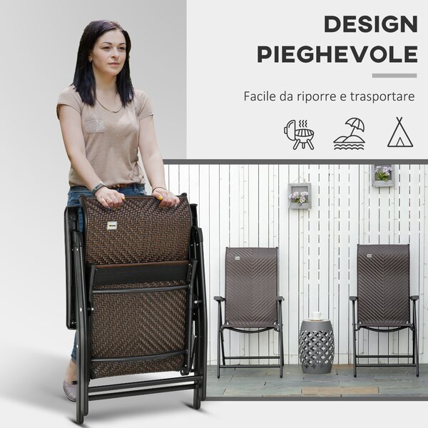 Outsunny Set Mobilier de Grădină 2 Scaune Pliabile din Ratan și Oțel cu Spătar Reglabil pentru Terasă, Balcon, 71x58x111 cm, Negru | Aosom Romania