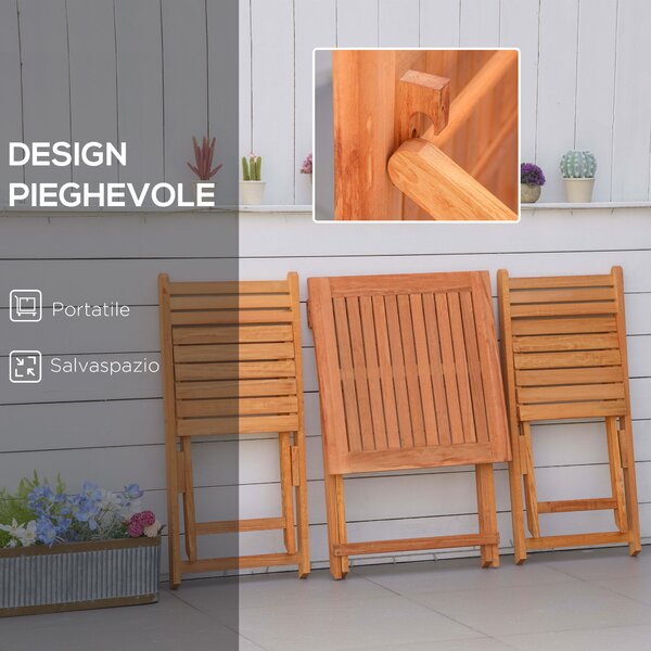 Outsunny Set Mobilier de Grădina din Lemn de Teak, 3 Piese, Masa și Scaune Pliabile, Rezistent la Intemperii, Design Natural | Aosom Romania