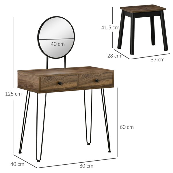 HOMCOM Masa de Machiaj in Stil Industrial, Set Masa de Toaleta cu Taburet si Oglinda de Machiaj, Postatie de Machiaj din Lemn si Metal pentru cameră