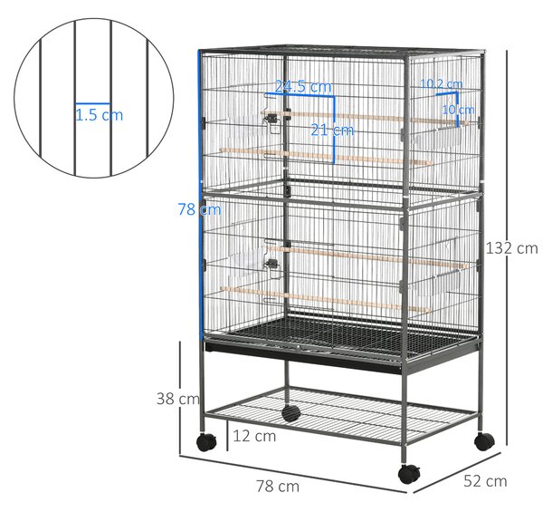 Cusca papagali de Interior din Otel si Lemn cu Tavă Detasabila, 4 Roți, Recipient pentru Alimente 78x52x132cm, Gri Inchis PawHut | Aosom Romania