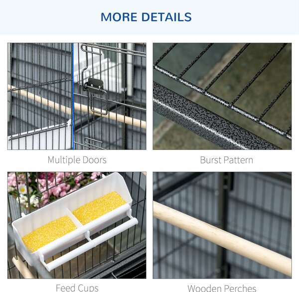 Cusca papagali de Interior din Otel si Lemn cu Tavă Detasabila, 4 Roți, Recipient pentru Alimente 78x52x132cm, Gri Inchis PawHut | Aosom Romania