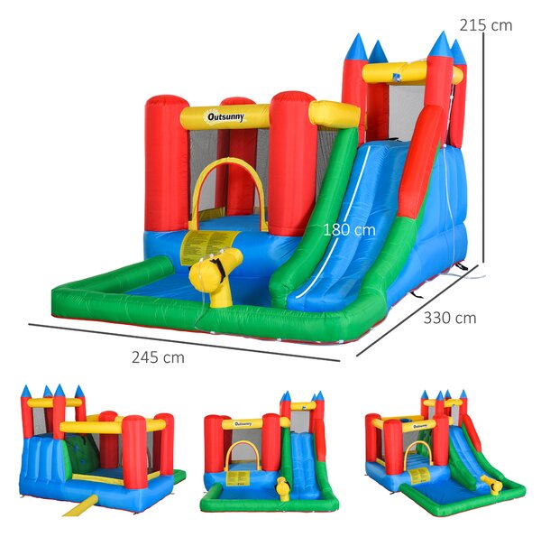 Outsunny Set de Joacă Gonflabil pentru Copii, Tobogan, Trambulină, Piscină, Pistol Apă, 330x245x215cm, Colorat | Aosom Romania