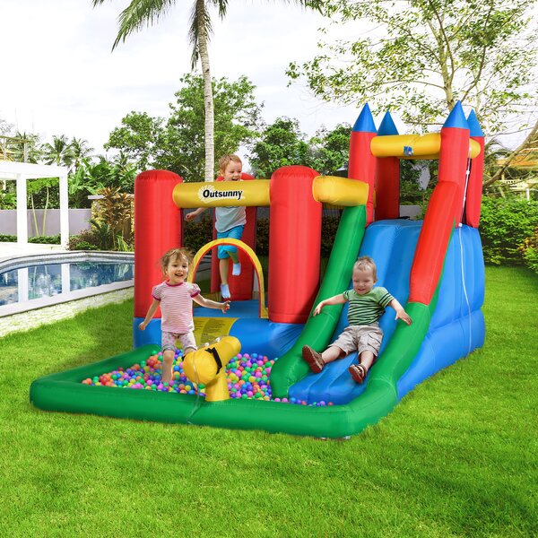 Outsunny Set de Joacă Gonflabil pentru Copii, Tobogan, Trambulină, Piscină, Pistol Apă, 330x245x215cm, Colorat | Aosom Romania