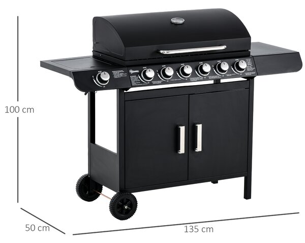 Gratar pe Gaz cu Capac Outsunny, 7 Arzatoare, Raft, 2 Roti, Negru 135x50x100cm | Aosom Romania