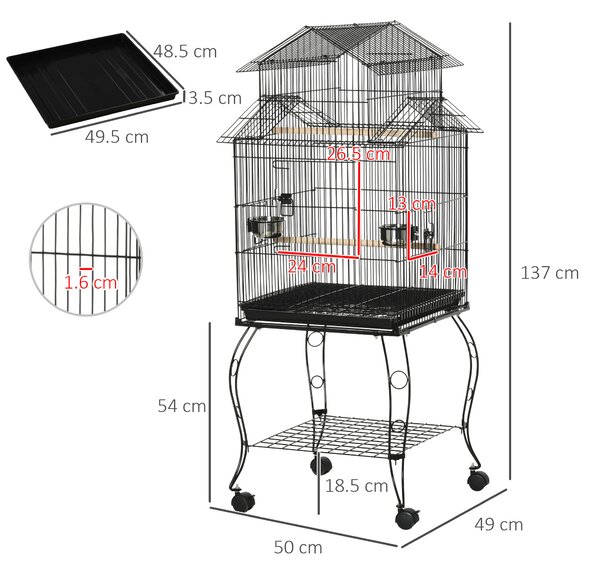 PawHut Colivie pentru Păsări din Oțel și Lemn cu Tavă Detașabilă, 4 Roți și Recipient pentru Alimente, 51,5x50x140 cm, Negru | Aosom Romania