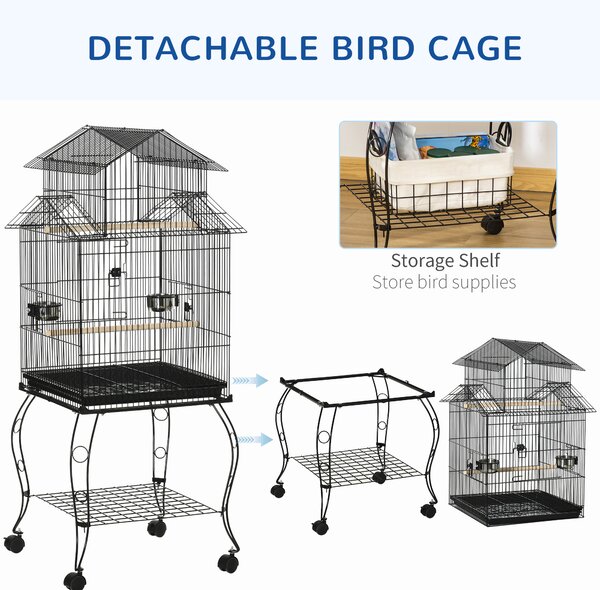 PawHut Colivie pentru Păsări din Oțel și Lemn cu Tavă Detașabilă, 4 Roți și Recipient pentru Alimente, 51,5x50x140 cm, Negru | Aosom Romania